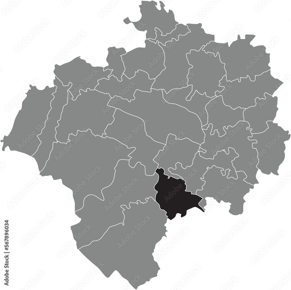 Black flat blank highlighted location map of the HORNOLDENDORF DISTRICT inside gray administrative map of DETMOLD, Germany
