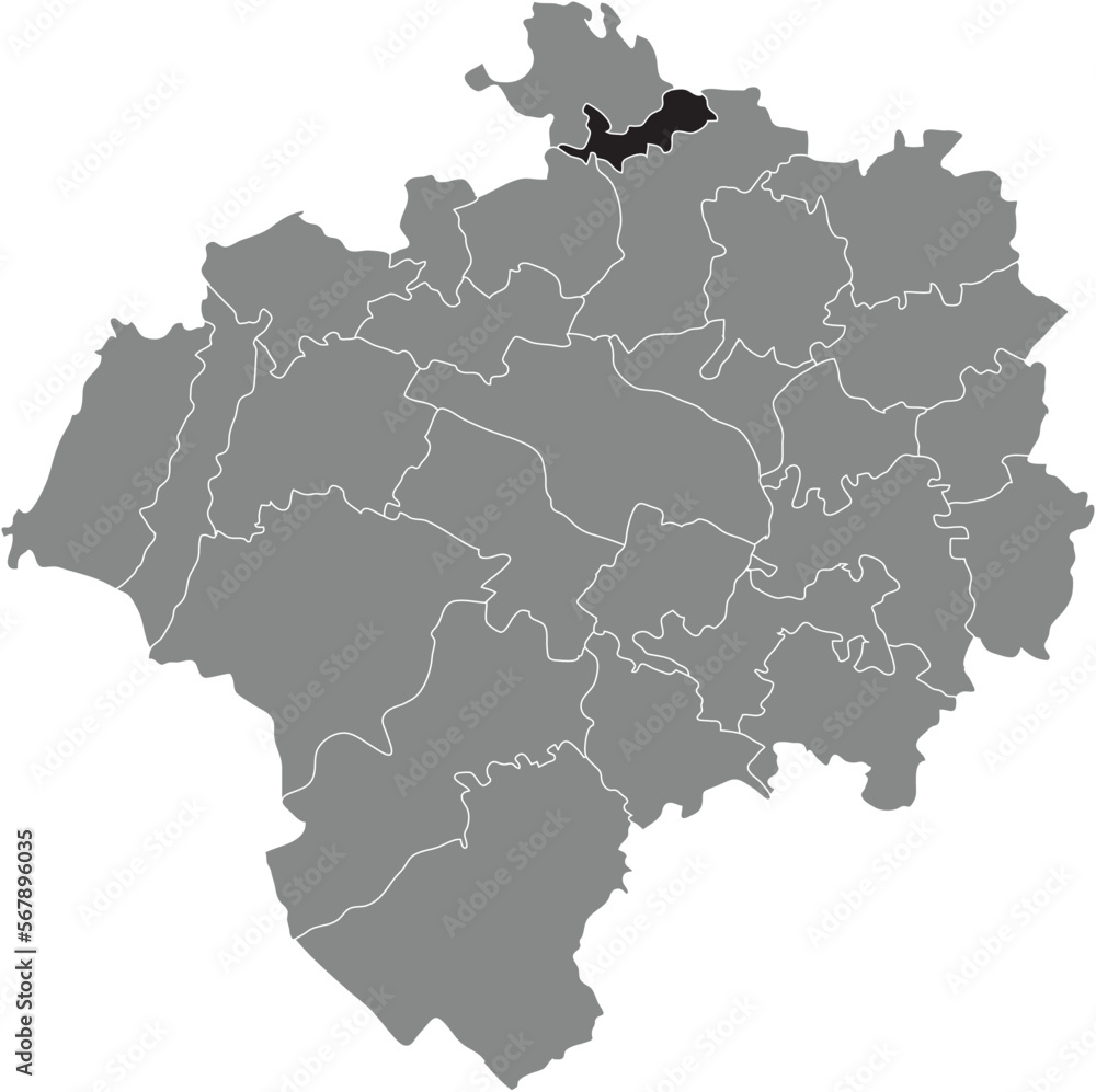 Black flat blank highlighted location map of the LOSSBRUCH DISTRICT inside gray administrative map of DETMOLD, Germany