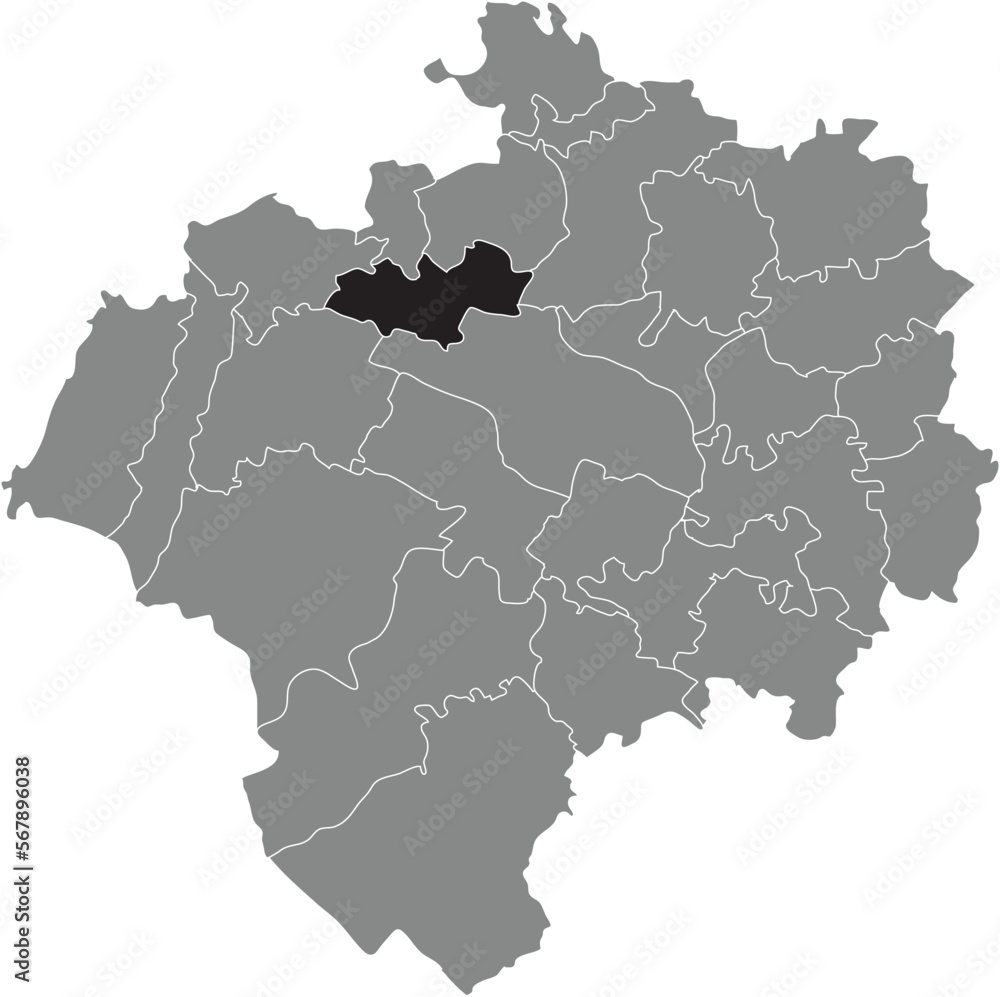 Black flat blank highlighted location map of the JERXEN-ORBKE DISTRICT inside gray administrative map of DETMOLD, Germany