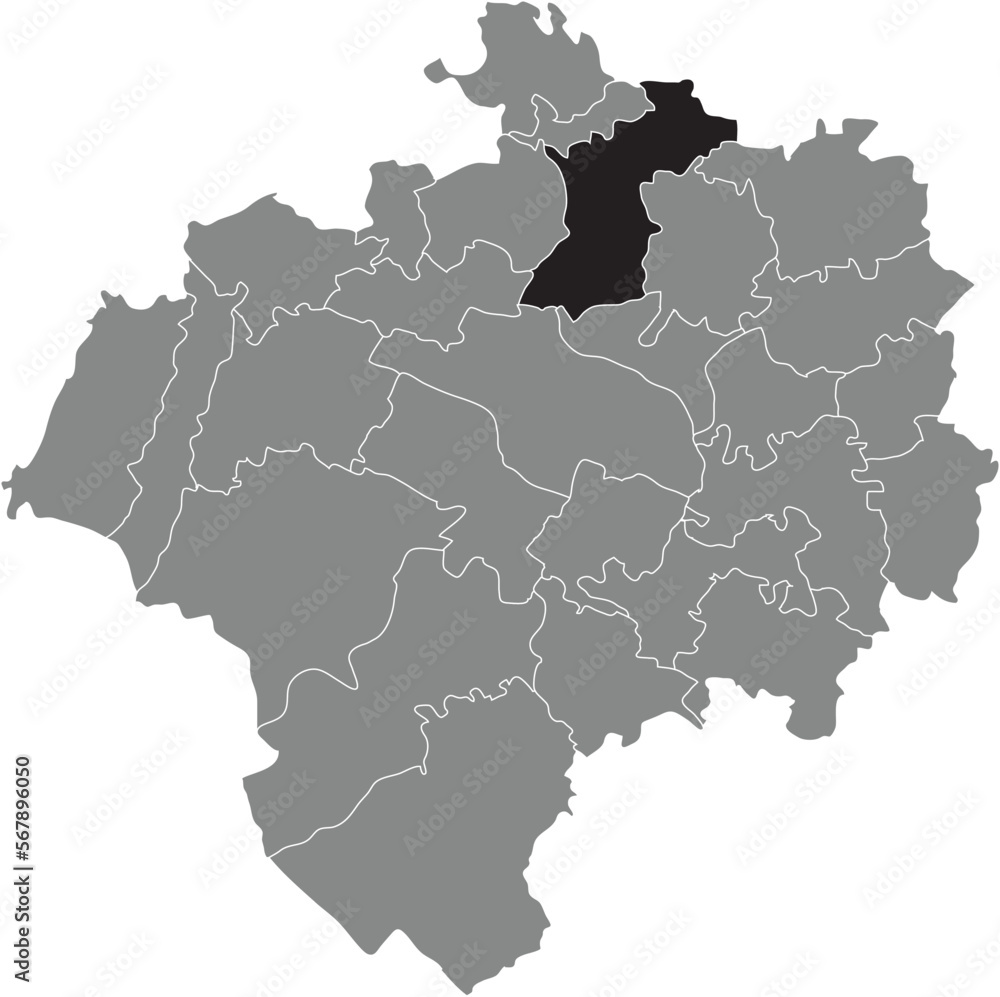 Black flat blank highlighted location map of the KLÜT DISTRICT inside gray administrative map of DETMOLD, Germany