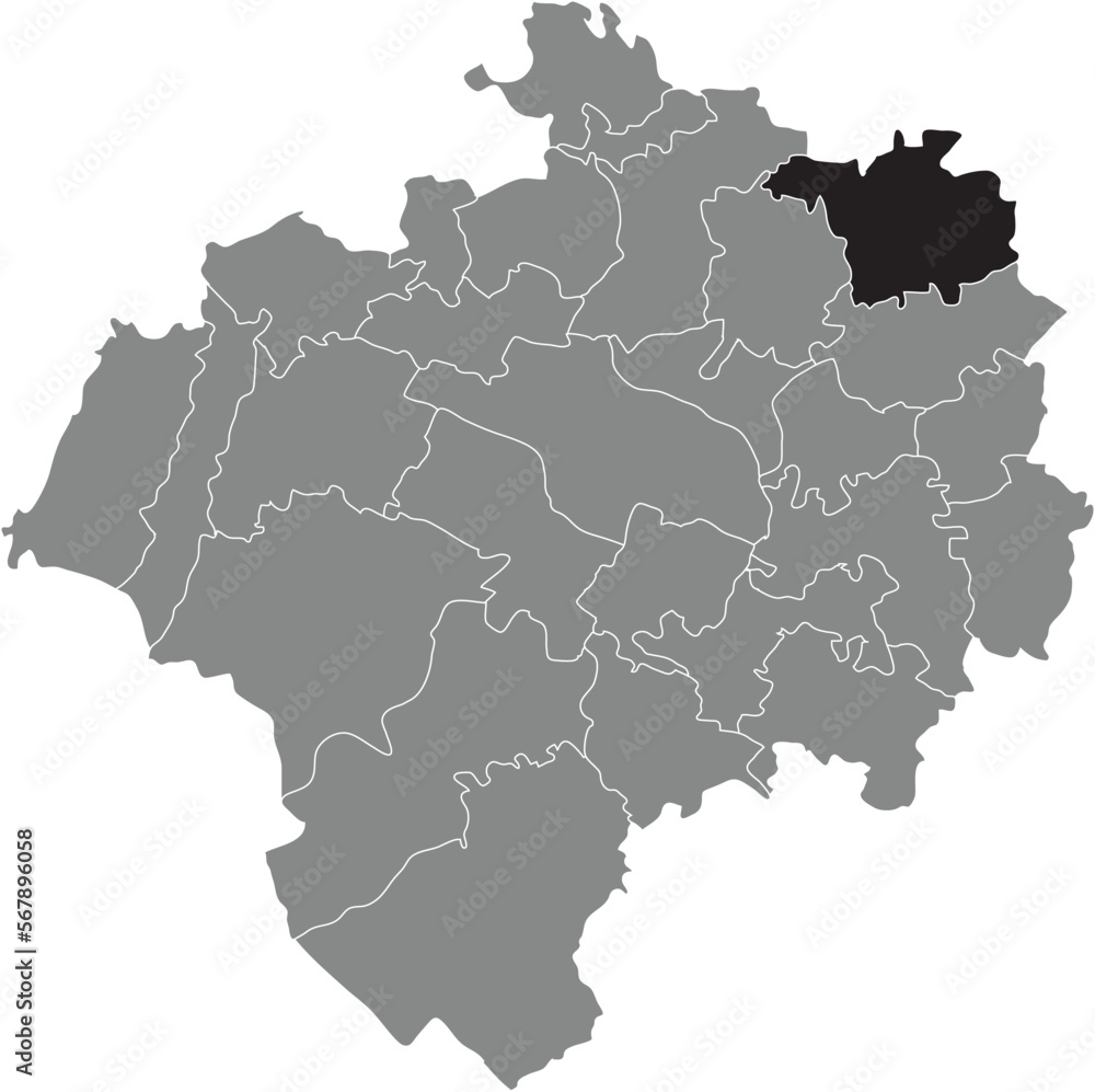 Black flat blank highlighted location map of the BARKHAUSEN DISTRICT inside gray administrative map of DETMOLD, Germany