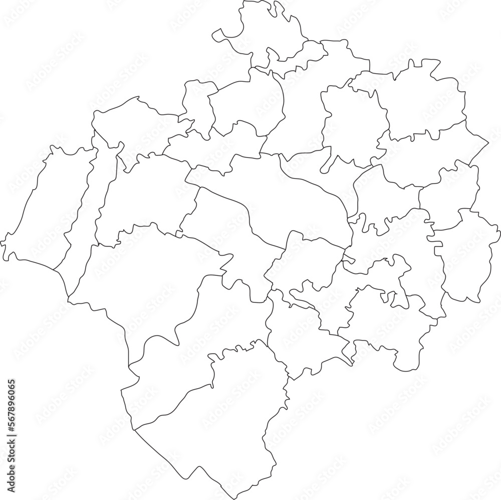 White flat vector administrative map of DETMOLD, GERMANY with black border lines of its districts