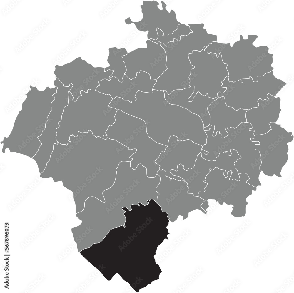 Black flat blank highlighted location map of the BERLEBECK DISTRICT inside gray administrative map of DETMOLD, Germany