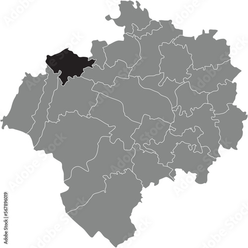 Black flat blank highlighted location map of the NIENHAGEN DISTRICT inside gray administrative map of DETMOLD, Germany