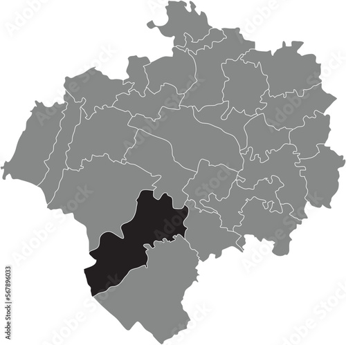 Black flat blank highlighted location map of the HEILIGENKIRCHEN DISTRICT inside gray administrative map of DETMOLD, Germany