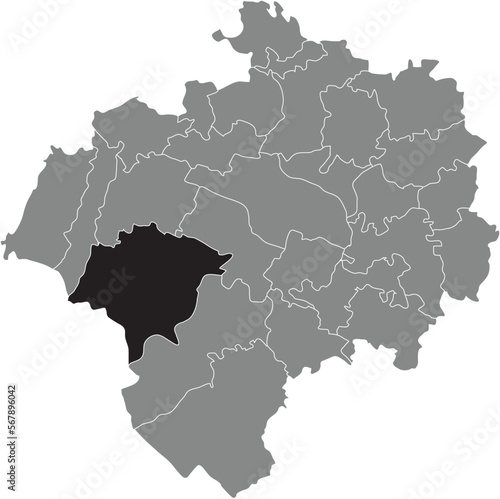 Black flat blank highlighted location map of the HIDDESEN DISTRICT inside gray administrative map of DETMOLD, Germany