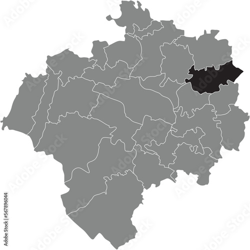 Black flat blank highlighted location map of the MOSEBECK DISTRICT inside gray administrative map of DETMOLD  Germany