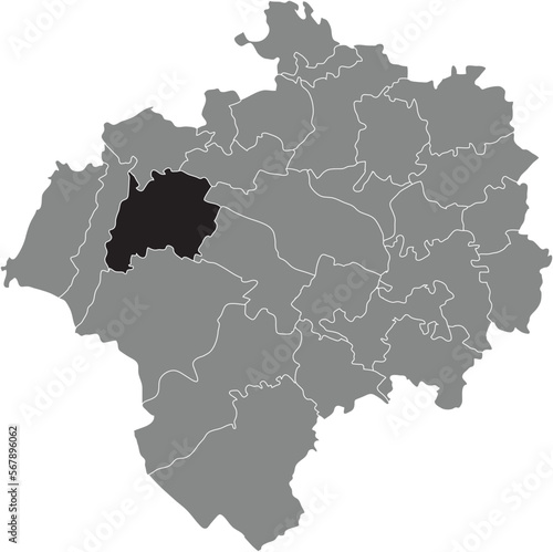 Black flat blank highlighted location map of the HEIDENOLDENDORF DISTRICT inside gray administrative map of DETMOLD, Germany