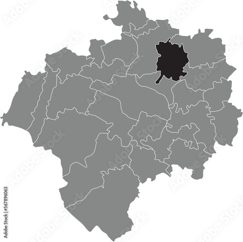 Black flat blank highlighted location map of the BROKHAUSEN DISTRICT inside gray administrative map of DETMOLD  Germany