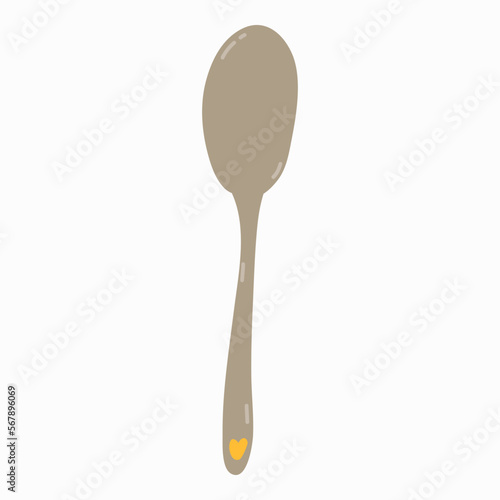 Spoon with little heart in funny naive style. Kitchen utensils for tableware at lunch. Flatware. Cute vector hand drawn clipart isolated on background. Concept of meal, food, dinner.