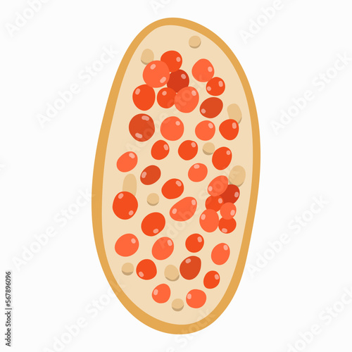 Sandwich with red caviar in trendy naive style. Traditional breakfast with popular products. Vector hand drawn clipart. Luxury delicacy fish food. Rye bread with butter and salmon caviar. Raw seafood.