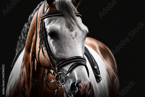 riding sports. Frontal portrait of a dressage horse in training. Equine athlete in the bridle. the rider's leg in the stirrup while on a horse. equestrian dressage in a ring. Generative AI
