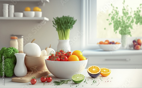 Background and banner of a white kitchen table with an arrangement of fruits, vegetables, and eggs in healthy and vegetarian cuisine. Generative AI