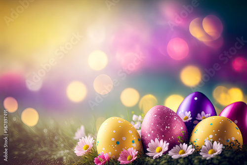 Easter eggs, soft bokeh background. Generative AI