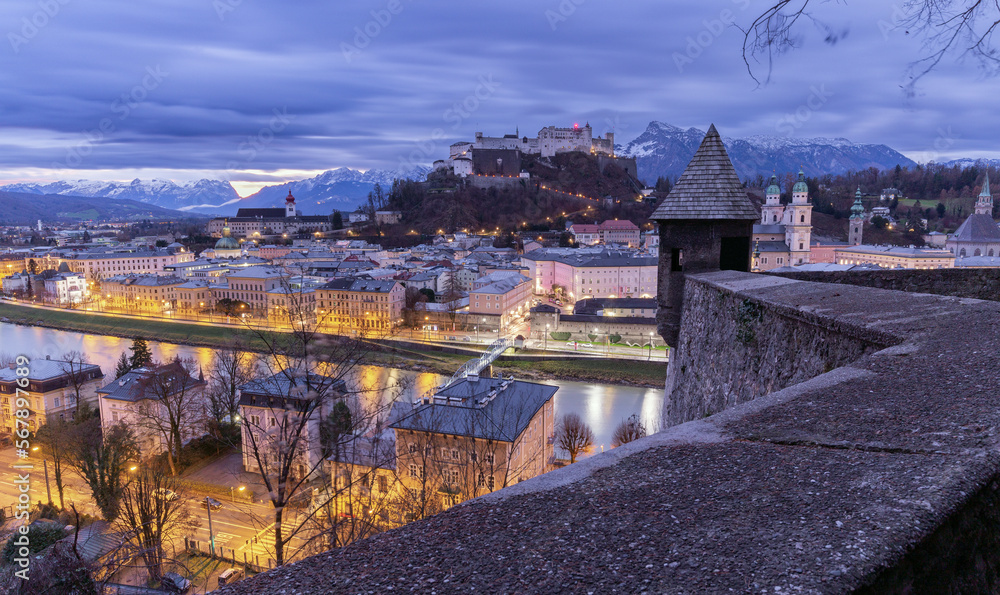 Salzburg. Picturesque view of the old historical part of the city at dawn.
