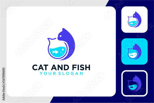cat logo design with fish and petshop