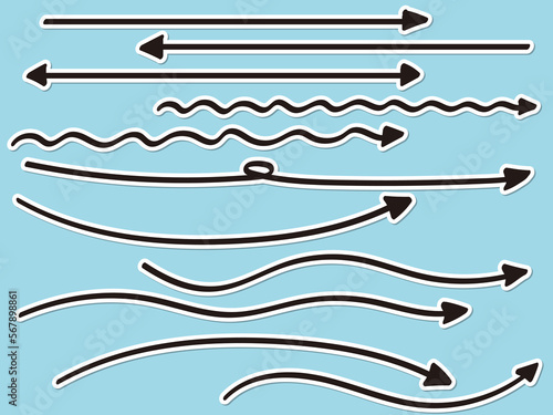 ステッカーのように白い縁取りのある手書きの長い矢印セット　先端が三角形