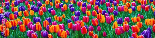 Colorful tulips - a field of tulips in panoramic view like digital oil painting made by generative AI