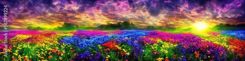 colorful psychedelic field - open environment panoramic landscape image of enchanted fantasy land by generative AI