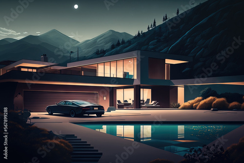 Illustration of a contemporary, homey home with parking, a pool, and lovely landscape in the backdrop, available for purchase or rental. A star filled night in the middle of July. Generative AI © 2rogan