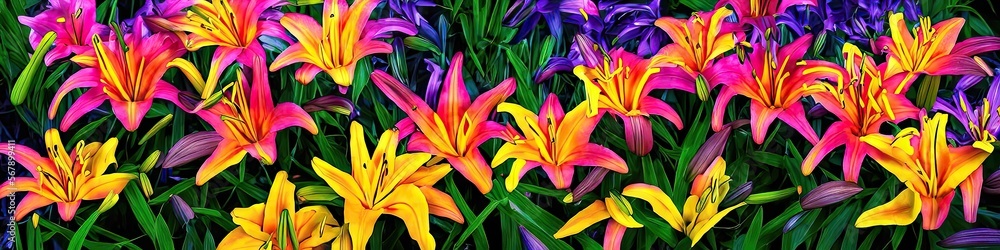 Colorful tropical lilies in a variety of tropical colors - fun and exotic floral panoramic image made by generative AI Colorful tropical lilies in a variety of tropical colors - fun and exotic floral panoramic image made by generative AI