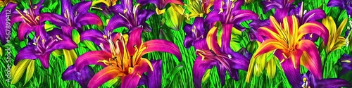 Colorful tropical lilies in a variety of tropical colors - fun and exotic floral panoramic image made by generative AI photo