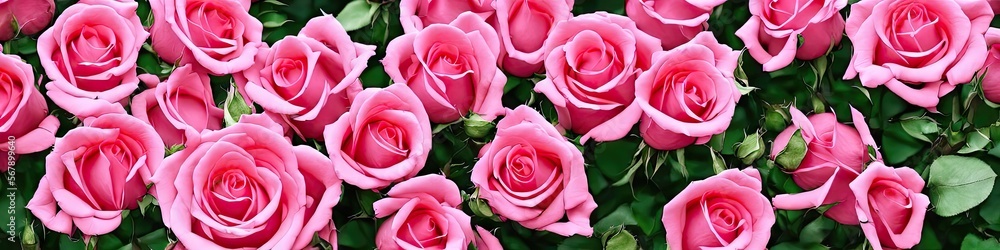 Colorful pink roses - panoramic extra wide floral image of bright and delicate roses