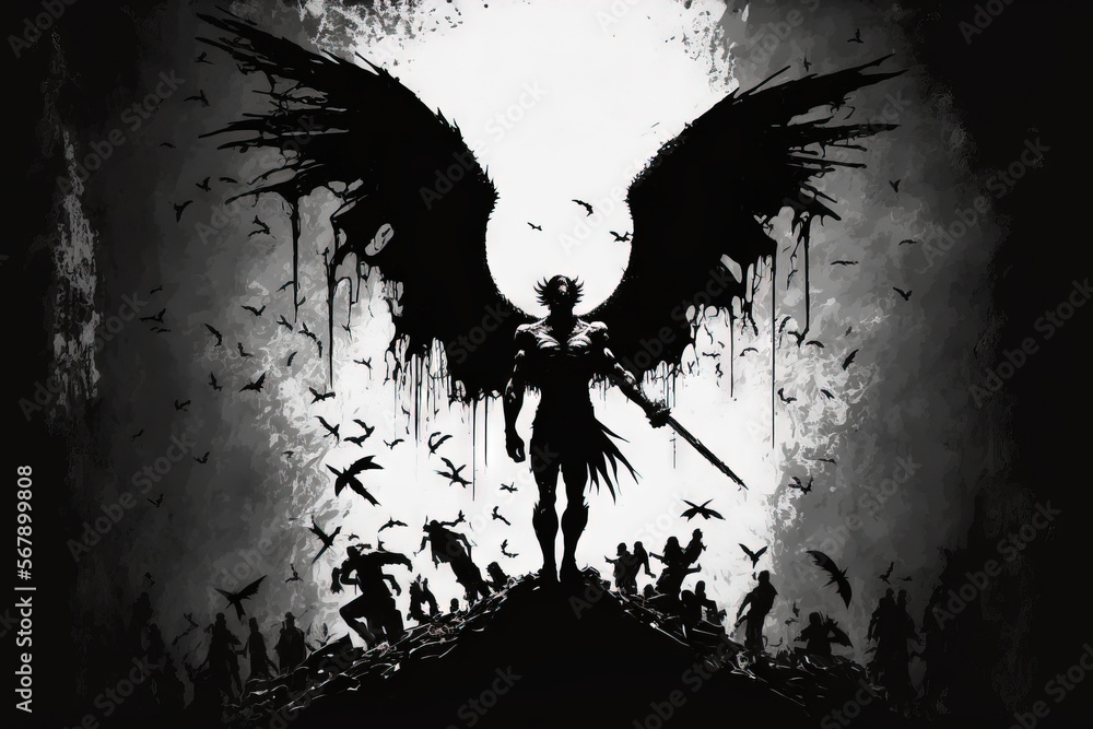 Inability to fly on his broken black wings, the exiled angel Lucifer ...