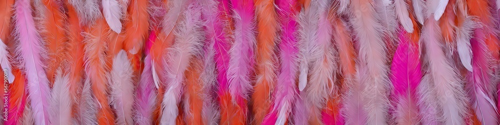 Obraz premium Colorful pink feathers - bright and vibrant feathers in a panoramic extra wide banner image by generative AI