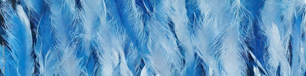 Fototapeta premium Colorful blue feathers - bright and vibrant feathers in a panoramic extra wide banner image by generative AI