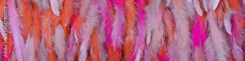 Colorful pink feathers - bright and vibrant feathers in a panoramic extra wide banner image by generative AI