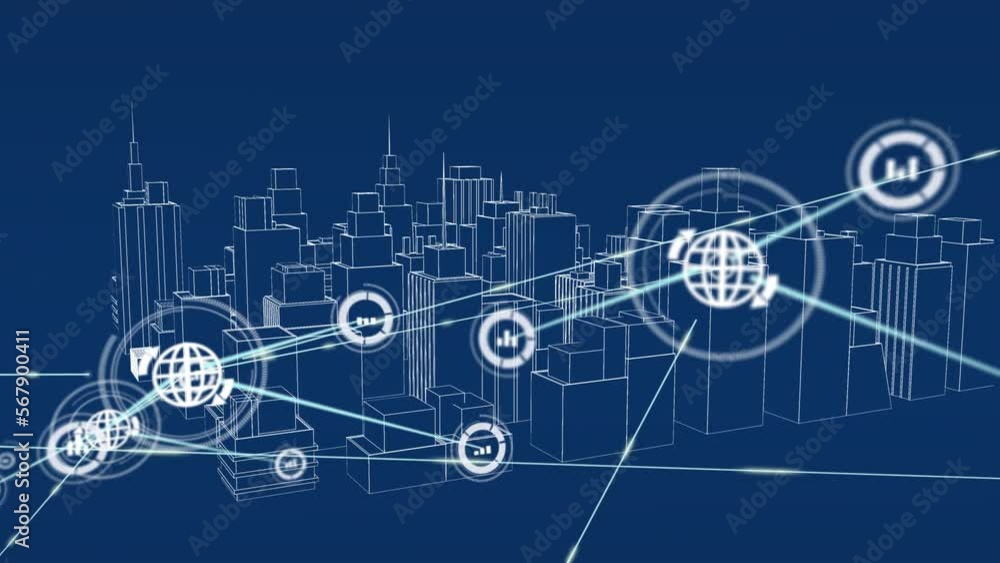Animation of network of connections over metaverse cityscape on blue background Animation of network of connections over metaverse cityscape on blue background