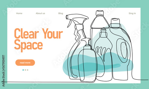 Home cleaning service landing page design concept, illustration of janitors with cleaning tools. Vector illustration