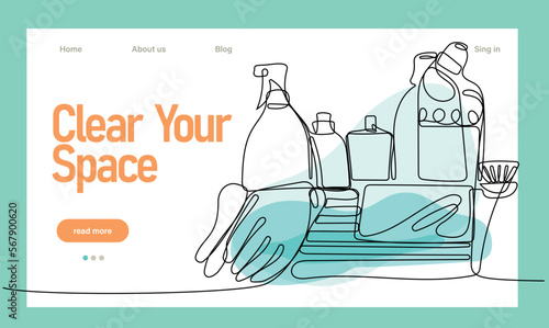 Home cleaning service landing page design concept, illustration of janitors with cleaning tools. Vector illustration