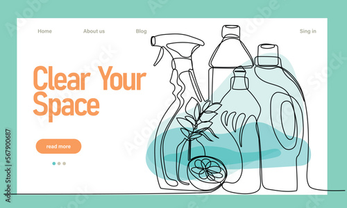 Home cleaning service landing page design concept, illustration of janitors with cleaning tools. Vector illustration