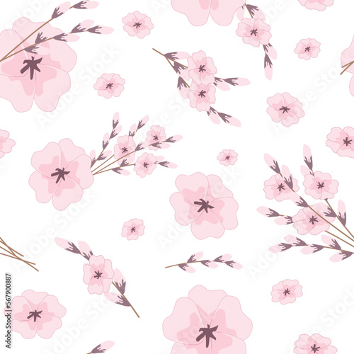 Spring seamless pattern with flowers on a white background. Floral vector illustration for linen, textile, background, print.