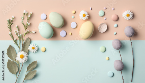 Easter pastel color background  Easter eggs  backdrop  flower  floral  leaf decoration. Generative AI
