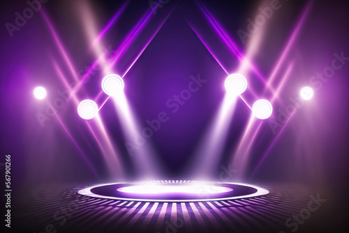 Print op canvas Purple stage background with spotlights and neon rays