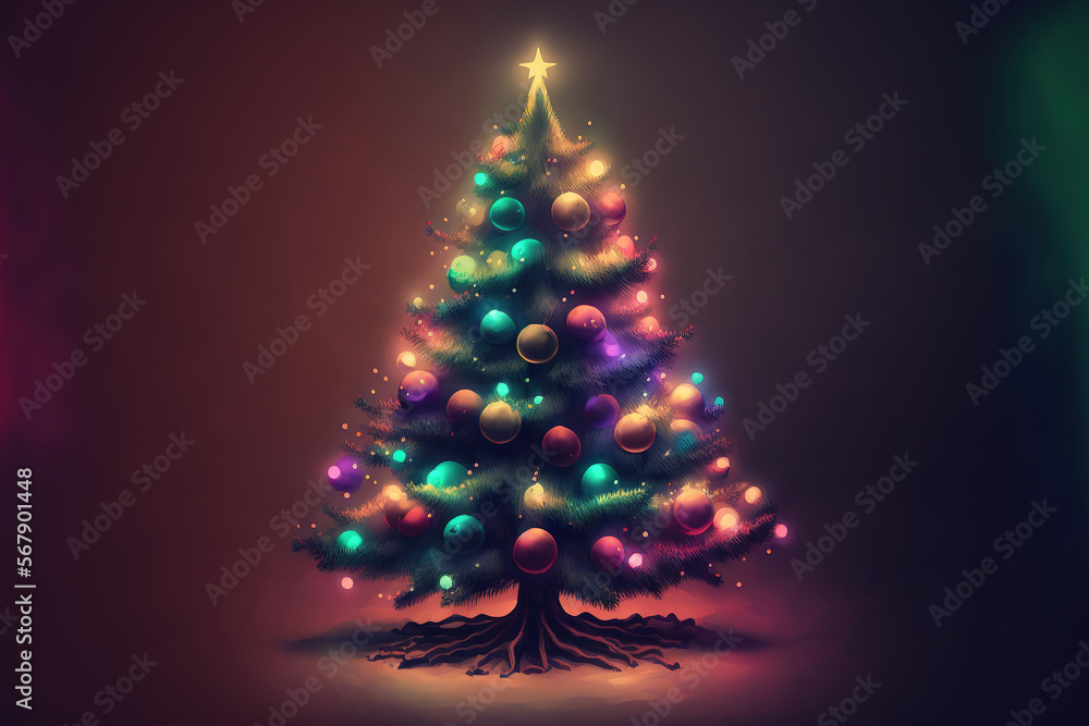 digital painting of a christmas tree with ornaments and hazy bright lights. Generative AI digital painting of a christmas tree with ornaments and hazy bright lights. Generative AI