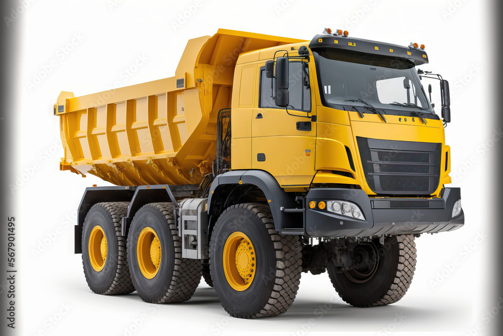 Industrial Dumper truck in yellow, isolated on a white backdrop. There is clipping route here. Generative AI