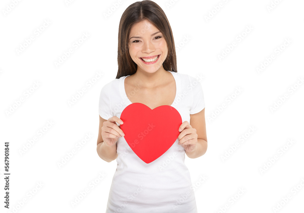 Valentines woman holding heart smiling happy. Love concept with happy multiracial Asian / Caucasian female model isolated in transparent PNG. Valentines woman holding heart smiling happy. Love concept with happy multiracial Asian / Caucasian female model isolated in transparent PNG.