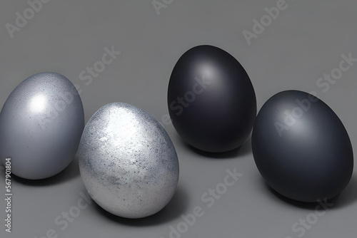 Eggs, black, grey, silver, blue on grey background.