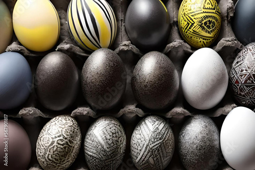 Group of colored eggs in carton