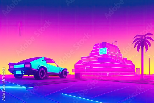 80s retro futuristic drive, vintage car. Synthwave sci-fi landscape. Retrowave style, night sky. Vaporwave. Generative AI