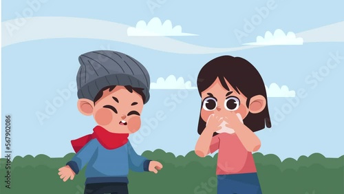 kids couple sick in the camp animation