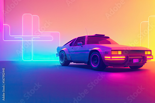 80s retro futuristic drive  vintage car. Synthwave sci-fi landscape. Retrowave style  night sky. Vaporwave. Generative AI