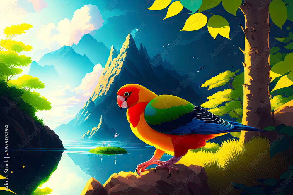 Digital art painting on canvas of parrot lovebird is sitting. Generative AI
