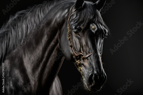 Isolated on a dark background, a black elegant horse. Close up photo of an Arabian horse racing against a dark background. Generative AI