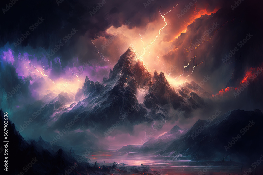epic fantasy setting Concept of heaven and hell. Mountains with an ominous sky. Landscape has sharp mountain peaks. Illustration made in acrylic paint. grainy texture and dust scratches. Choosen Blur