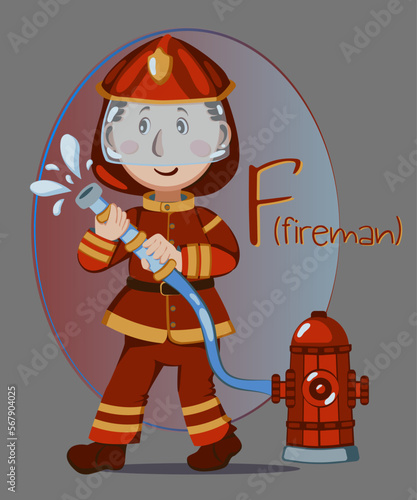 fireman
Illustration of occupations in alphabetical order for children's books or professions day.Letter "F" - fireman, in uniform, with hose and hydrant.